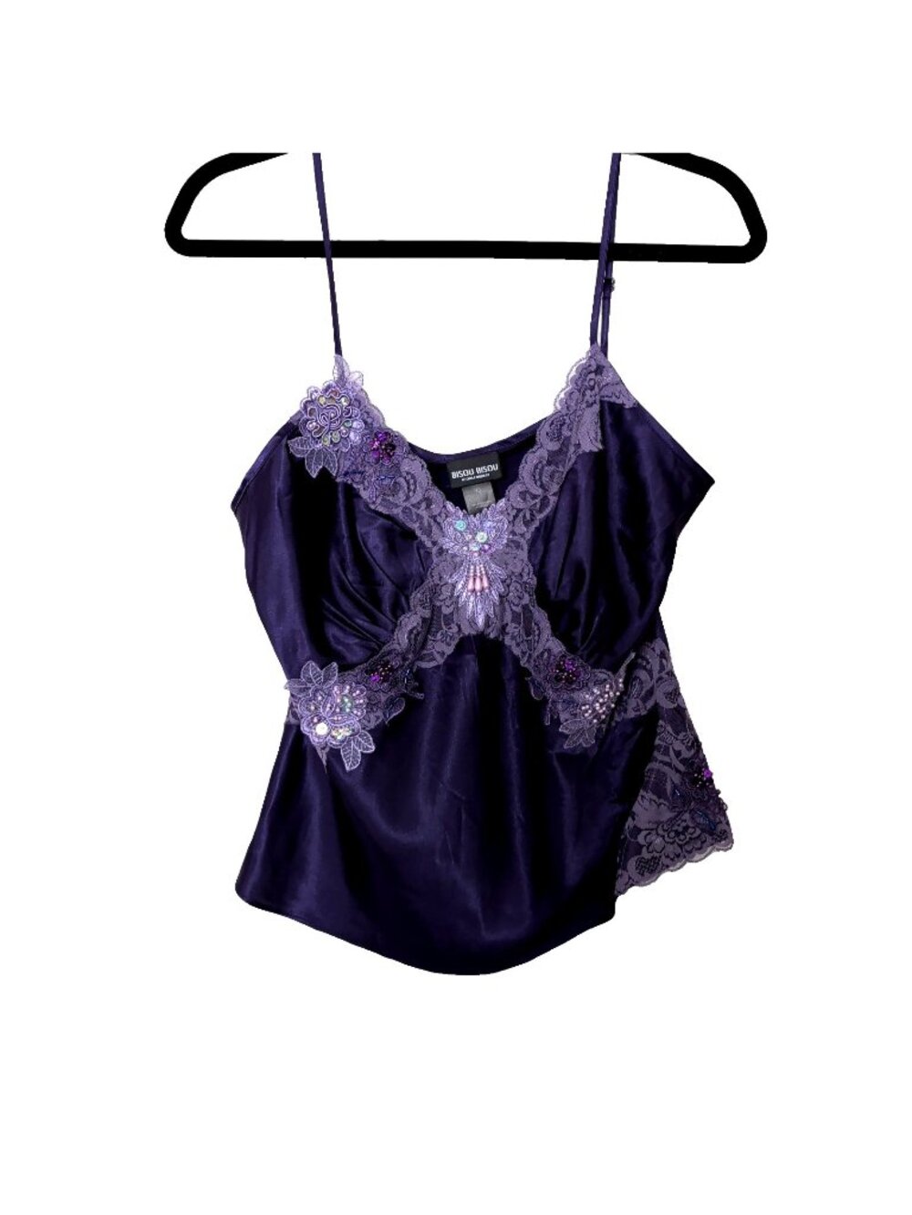 Bisou Bisou Cami Tank Purple Satin Lace Beaded Sz 10 Vtg Y2K Fairly NEW-lp